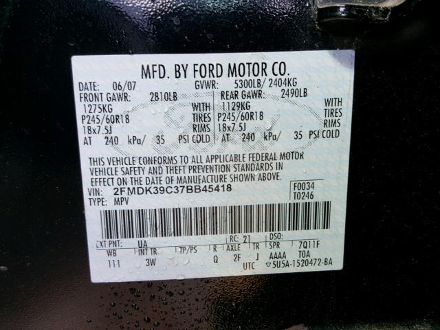 2FMDK39C37BB45418 - 2007 FORD EDGE SEL P BLACK photo 10