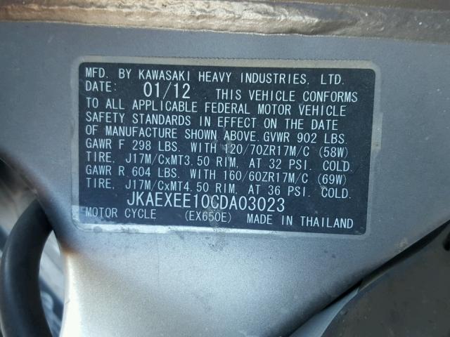 JKAEXEE10CDA03023 - 2012 KAWASAKI EX650 EC BLACK photo 10