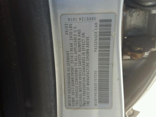WVWYH63B93E157030 - 2003 VOLKSWAGEN PASSAT GLX 银色 照片 10