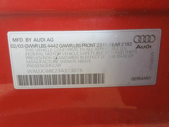 WAUJC68E23A313075 - 2003 AUDI A4 1.8T RED photo 10