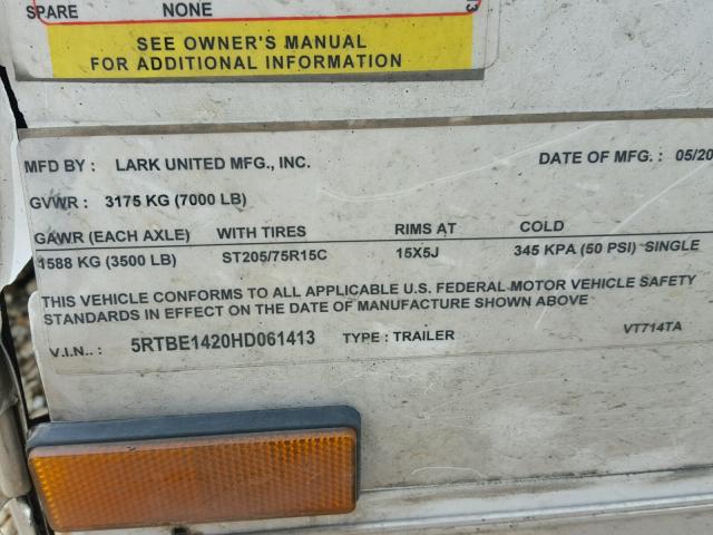 5RTBE1420HD061413 - 2017 UTILITY TRAILER WHITE photo 10