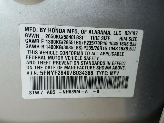 5FNYF28407B034388 - 2007 HONDA PILOT EX SILVER photo 10