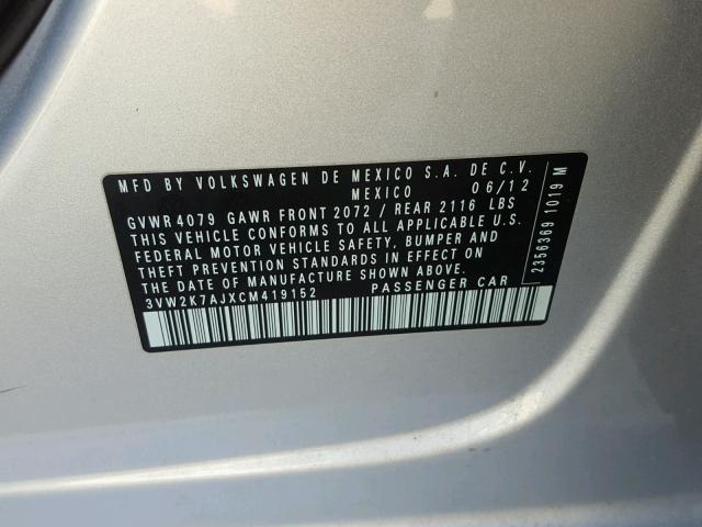 3VW2K7AJXCM419152 - 2012 VOLKSWAGEN JETTA BASE 银色 照片 10