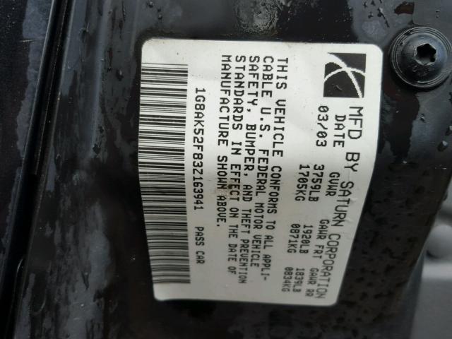 1G8AK52F83Z163941 - 2003 SATURN ION LEVEL BLACK photo 10