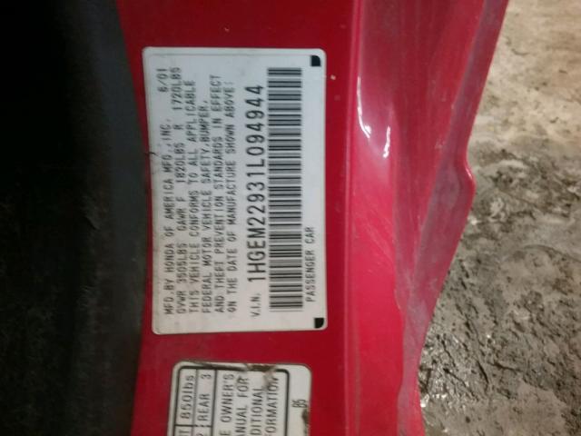 1HGEM22931L094944 - 2001 HONDA CIVIC SI RED photo 10