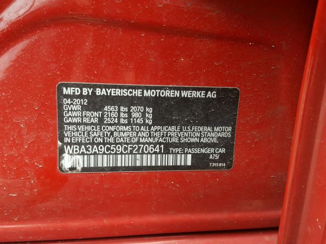 WBA3A9C59CF270641 - 2012 BMW 335 I RED photo 10