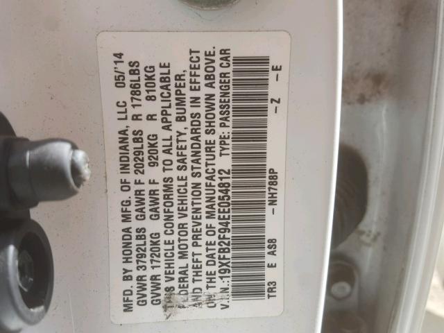19XFB2F94EE054812 - 2014 HONDA CIVIC EXL WHITE photo 10