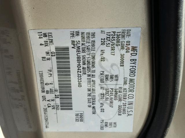 5LMEU88H04ZJ33340 - 2004 LINCOLN AVIATOR 金色 照片 10