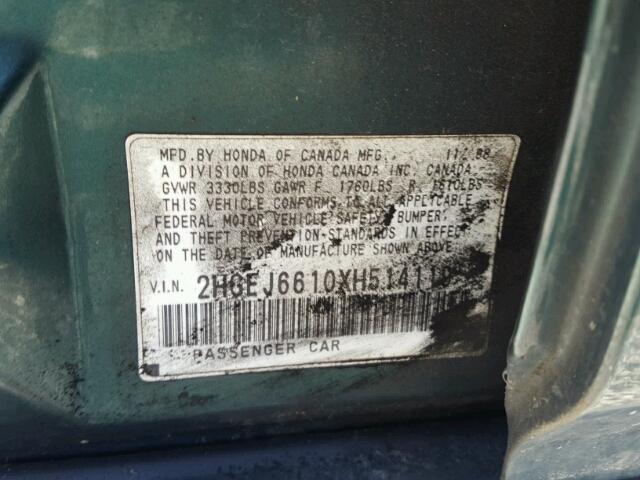 2HGEJ6610XH514119 - 1999 HONDA CIVIC BASE GREEN photo 10