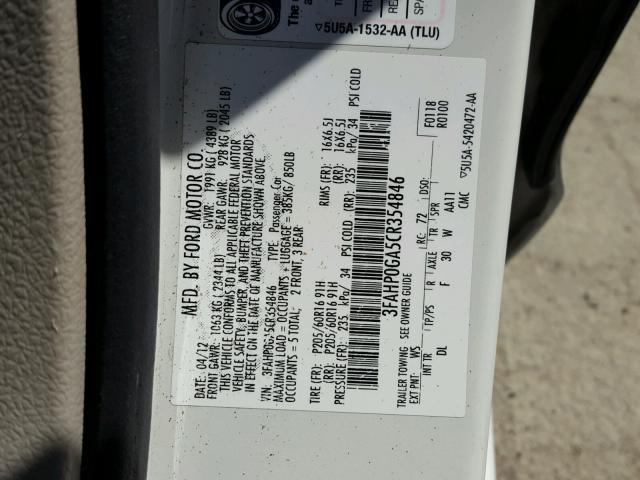 3FAHP0GA5CR354846 - 2012 FORD FUSION S WHITE photo 10