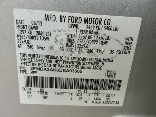 2FMDK3AK6DBA93605 - 2013 FORD EDGE SPORT SILVER photo 10