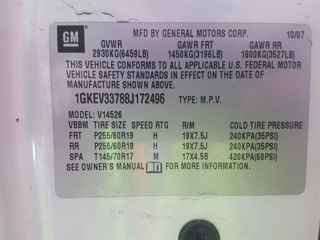 1GKEV33788J172496 - 2008 GMC ACADIA SLT თეთრი ფოტო 10