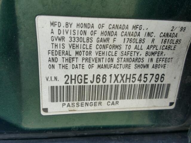 2HGEJ661XXH545796 - 1999 HONDA CIVIC BASE Yaşıl foto 10