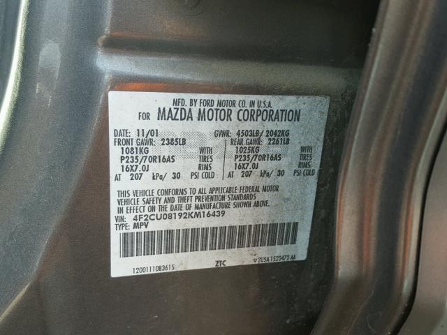 4F2CU08192KM16439 - 2002 MAZDA TRIBUTE LX GRAY photo 10