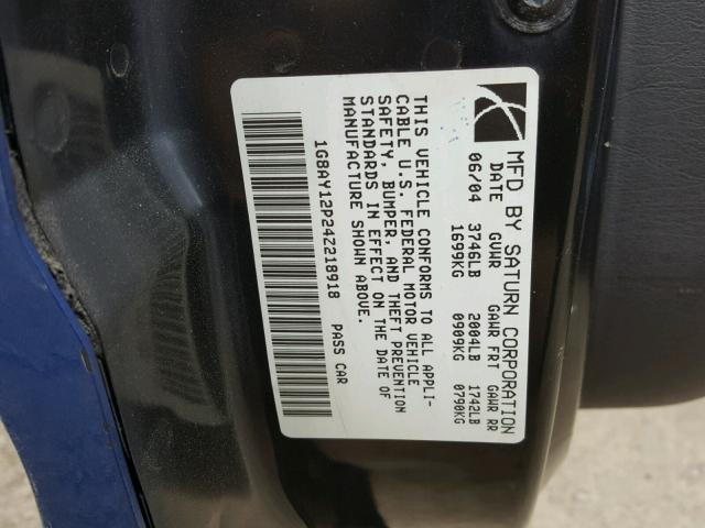 1G8AY12P24Z218918 - 2004 SATURN ION REDLIN BLUE photo 10