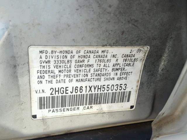 2HGEJ661XYH550353 - 2000 HONDA CIVIC BASE Gümüş foto 10