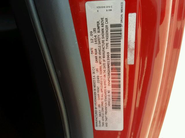 3VWPG3AGXAM013969 - 2010 VOLKSWAGEN NEW BEETLE წითელი ფოტო 10