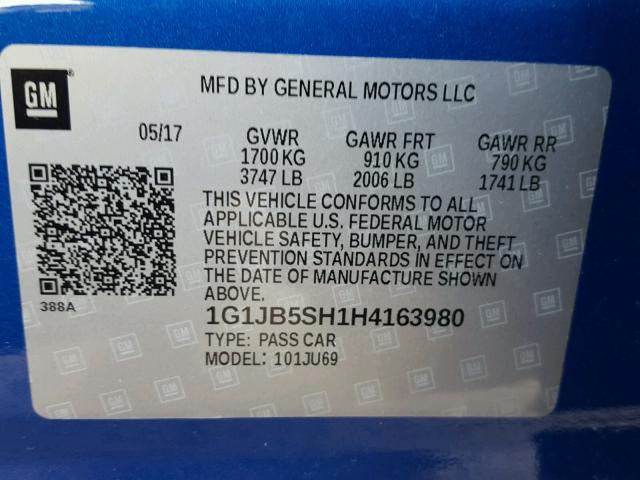 1G1JB5SH1H4163980 - 2017 CHEVROLET SONIC LS ლურჯი ფოტო 10