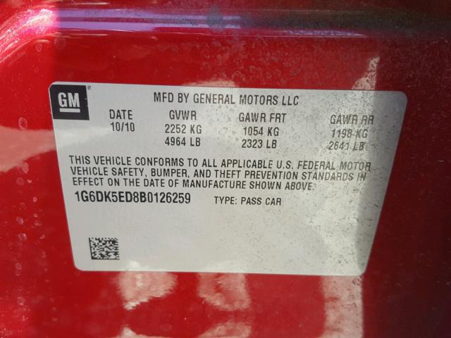 1G6DK5ED8B0126259 - 2011 CADILLAC CTS PERFOR RED photo 10