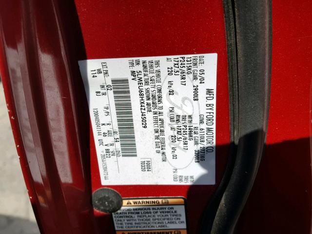 5LMEU68HX4ZJ45029 - 2004 LINCOLN AVIATOR 红色 照片 10