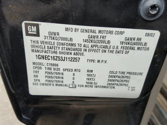 1GNEC16Z53J112257 - 2003 CHEVROLET SUBURBAN C BLACK photo 10