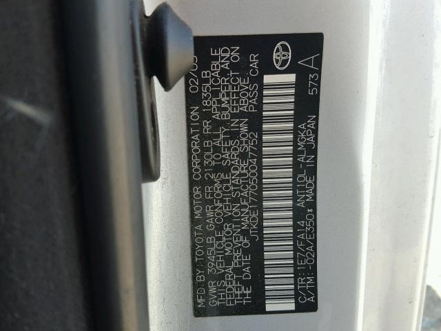 JTKDE177050047752 - 2005 TOYOTA SCION TC 银色 照片 10