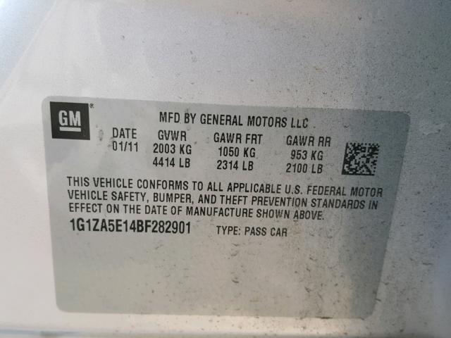 1G1ZA5E14BF282901 - 2011 CHEVROLET MALIBU LS 银色 照片 10