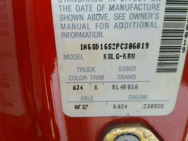 1N6SD16S2PC306019 - 1993 NISSAN TRUCK KING RED photo 10