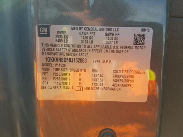 1GKKVRED5BJ162850 - 2011 GMC ACADIA SLT მწვანე ფოტო 10