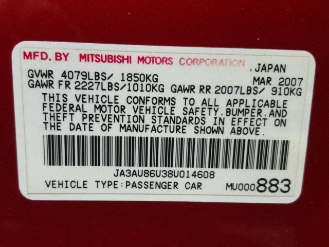 JA3AU86U38U014608 - 2008 MITSUBISHI LANCER GTS RED photo 10