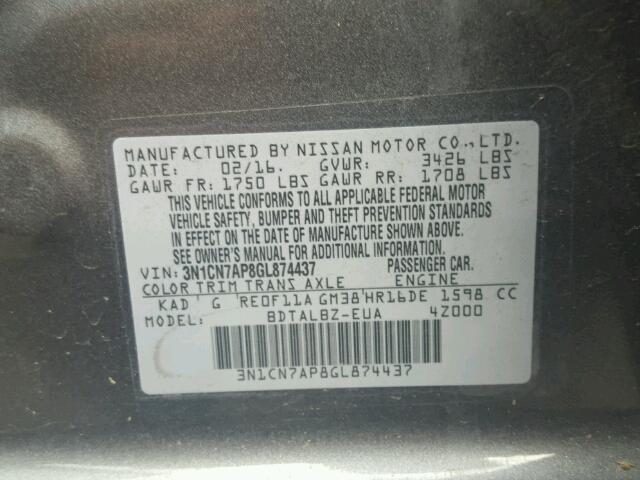 3N1CN7AP8GL874437 - 2016 NISSAN VERSA S GRAY photo 10