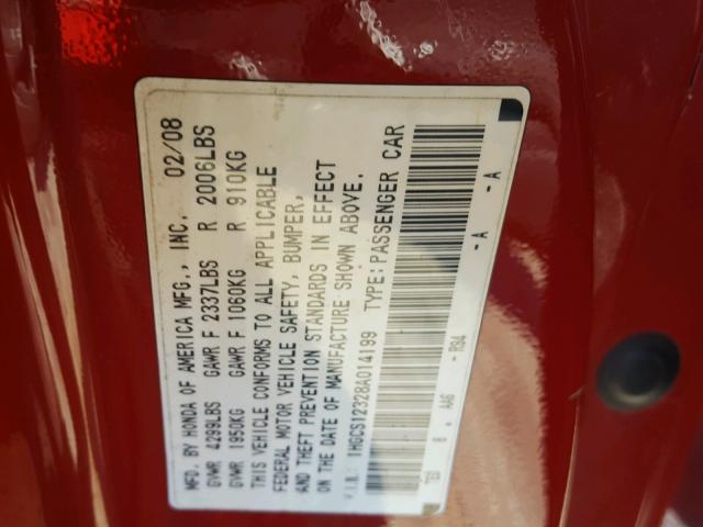 1HGCS12328A014199 - 2008 HONDA ACCORD LX- RED photo 10