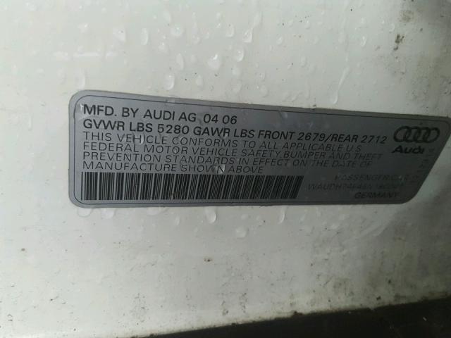 WAUDH74F46N180044 - 2006 AUDI A6 3.2 QUA WHITE photo 10