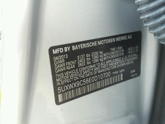 5UXWX9C56E0D10700 - 2014 BMW X3 XDRIVE2 SILVER photo 10