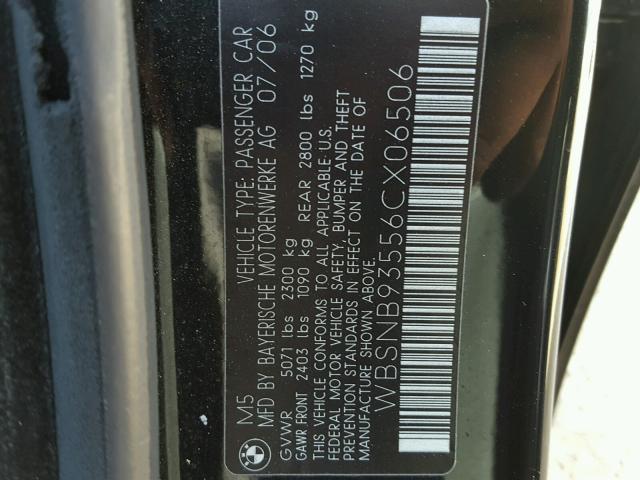 WBSNB93556CX06506 - 2006 BMW M5 BLACK photo 10