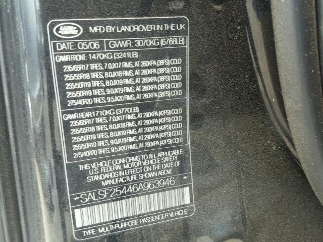 SALSF25446A963946 - 2006 LAND ROVER RANGE ROVE BLACK photo 10