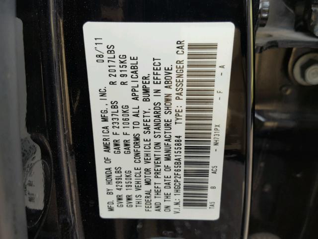 1HGCP2F65BA155884 - 2011 HONDA ACCORD SE BLACK photo 10