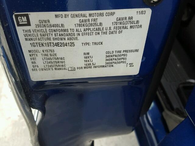 1GTEK19T34E204125 - 2004 GMC SIERRA K15 BLUE photo 10