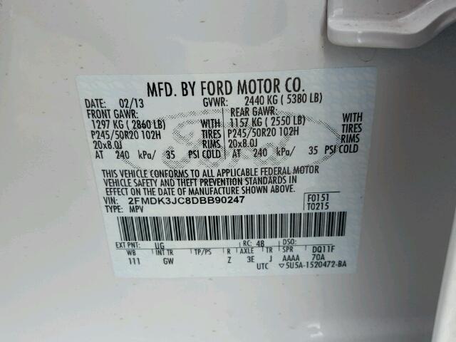 2FMDK3JC8DBB90247 - 2013 FORD EDGE SEL WHITE photo 10