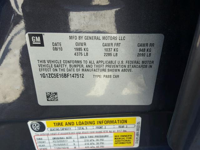 1G1ZC5E16BF147512 - 2011 CHEVROLET MALIBU 1LT 灰色 照片 10