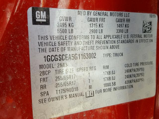 1GCGSCEA5G1163002 - 2016 CHEVROLET COLORADO L RED photo 10