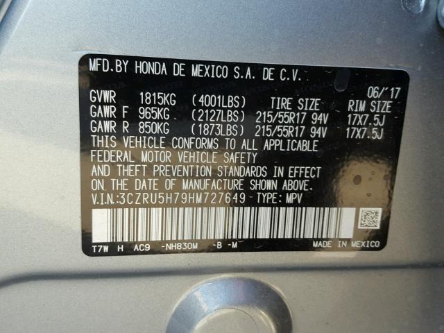 3CZRU5H79HM727649 - 2017 HONDA HR-V EXL SILVER photo 10