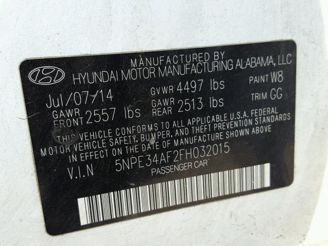 5NPE34AF2FH032015 - 2015 HYUNDAI SONATA SPO WHITE photo 10