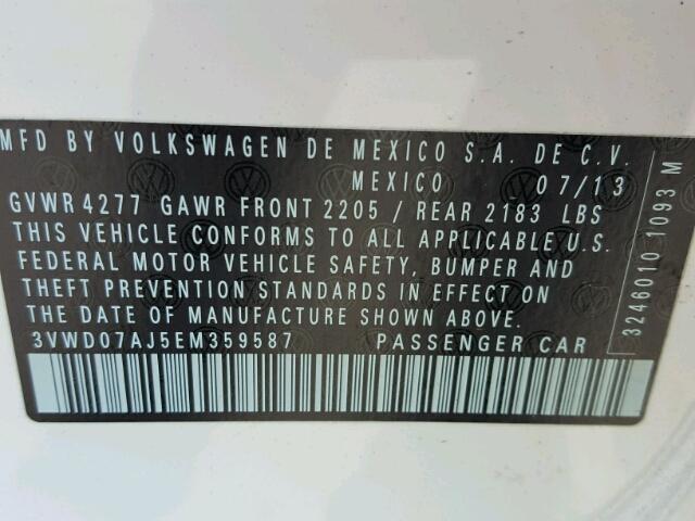 3VWD07AJ5EM359587 - 2014 VOLKSWAGEN JETTA SE WHITE photo 10