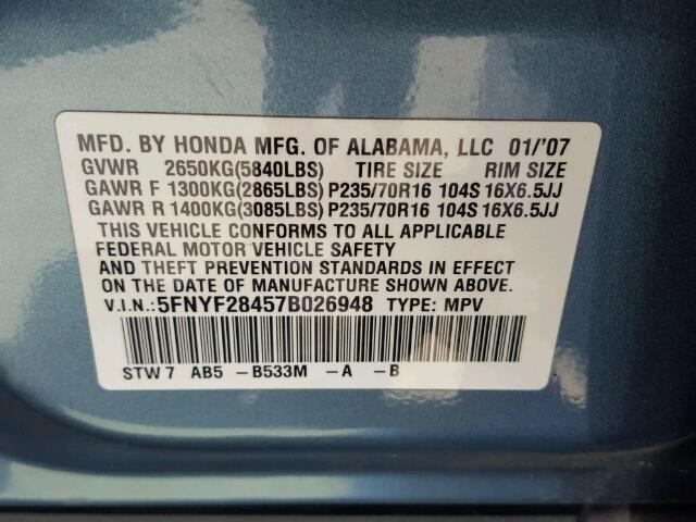 5FNYF28457B026948 - 2007 HONDA PILOT EX BLUE photo 10