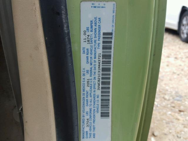 3VWCB21C31M443721 - 2001 VOLKSWAGEN NEW BEETLE მწვანე ფოტო 10