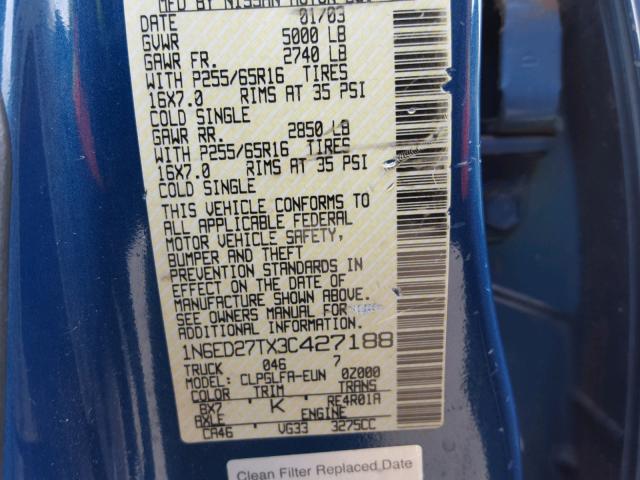 1N6ED27TX3C427188 - 2003 NISSAN FRONTIER C BLUE photo 10