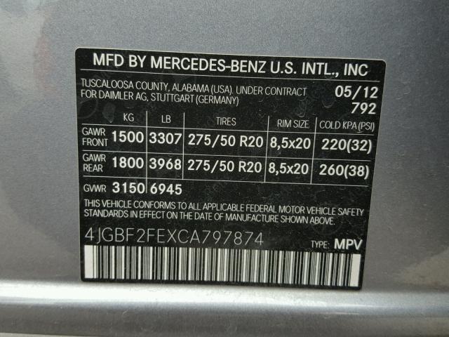 4JGBF2FEXCA797874 - 2012 MERCEDES-BENZ GL 350 BLU SILVER photo 10