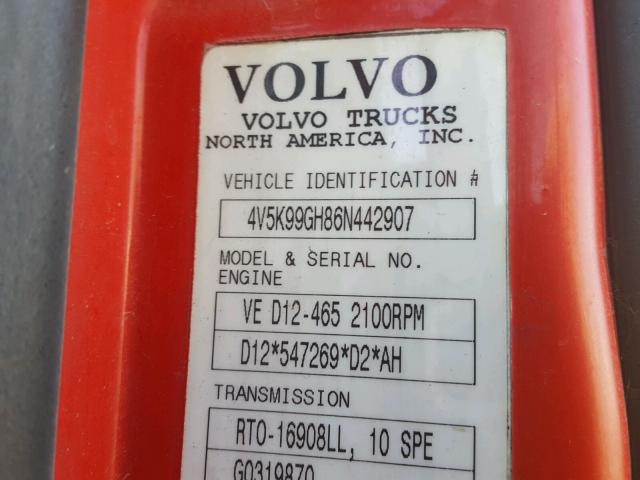 4V5K99GH86N442907 - 2006 VOLVO VHD RED photo 10