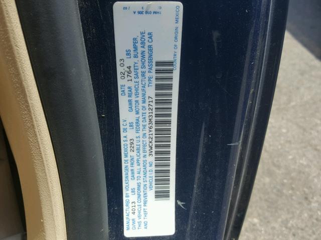 3VWCK21Y63M312717 - 2003 VOLKSWAGEN NEW BEETLE 蓝色 照片 10